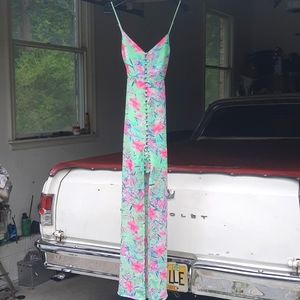 Green and pink cherry blossom dress w/ center slit